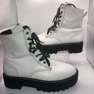 Divided H&M White Patent Chunky Platform Boots Lace Up Side Zip EUR 40 US 8.5